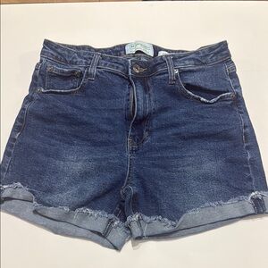 High-Rise Blue Jean Shorts with Cuffed Hem